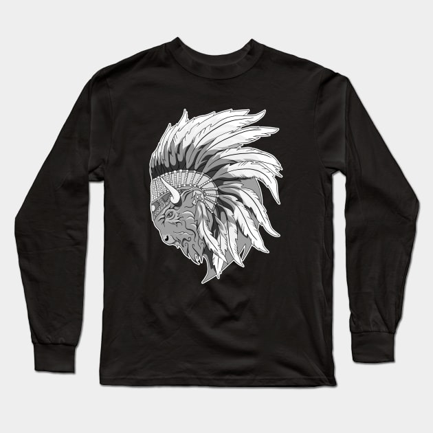 Buffalo head with indian headdress Long Sleeve T-Shirt by TMBTM